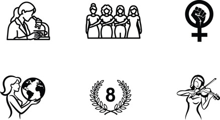 Fototapeta premium set of black line icons depicting women and feminist symbols