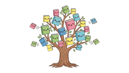 Colorful cubes fall from tree branches in a playful illustration scene.