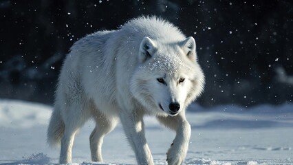 Obraz premium Majestic white wolf with amber eyes strides through a snowy winter landscape with falling snowflakes