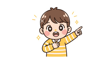 A young boy pointing excitedly to the side with a surprised expression on his face