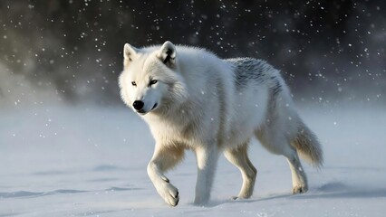 Obraz premium White wolf striding gracefully through a snowy winter landscape with snowflakes falling and a blurred dark