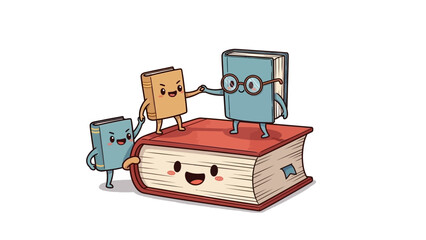Three cartoon books stand on and around a large smiling book.