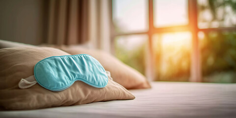 Sleep mask resting on bed pillow with morning sun rays coming through window, indicating good sleep and peaceful awakening