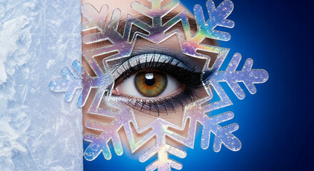Close-up of an eye framed by a snowflake. A partial ice texture is on the left. It showcases winter and beauty themes, perfect for holiday concepts.