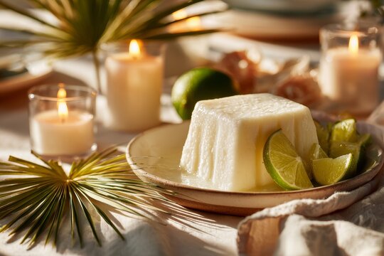 Tembleque, smooth cornstarch pudding with coconut, garnished with lime slices, surrounded by candles and greenery. Concept of cozy tropical ambiance with warm lighting.
