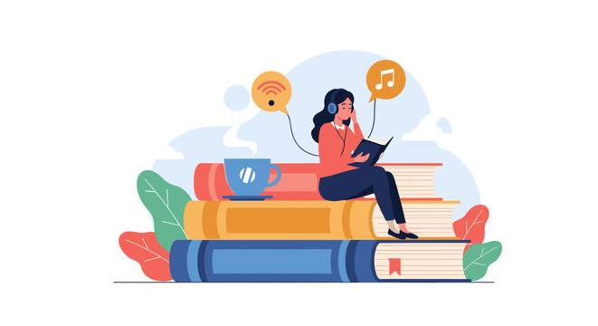Female student sitting on a giant pile of books and listening to music or podcasts through headphones in a calm workspace.