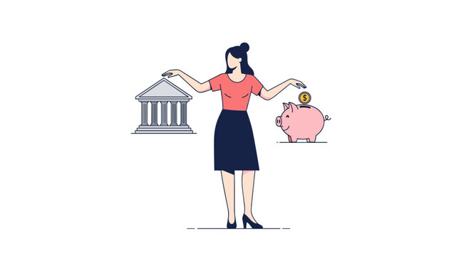 Professional woman balancing government building and piggy bank representing financial management and public spending choices.
