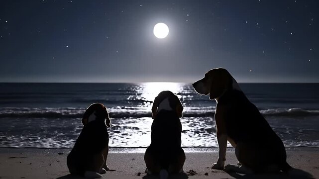 Three dogs sitting together on a serene beach at night, gazing out at the moonlit ocean waves under a starry sky
