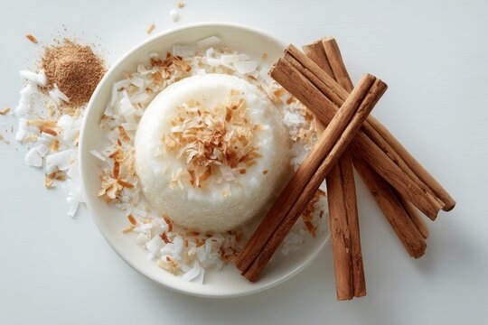 Tembleque on white plate topped with shredded coconut, cinnamon sticks, sprinkle of cinnamon powder. Concept of cornstarch pudding coconut Puerto Rican dessert on blue surface.