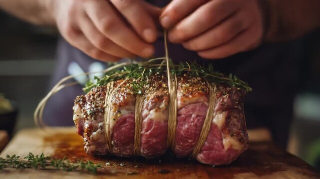 Chef preparing raw seasoned meat on wooden cutting board
