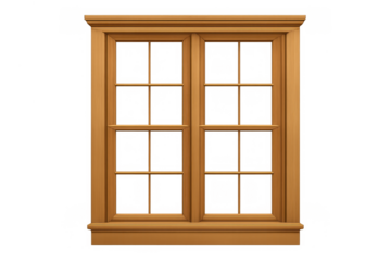 Wooden window frame with pane glass, isolated object on transparent background, classic home element