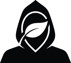 A person wearing a hooded cloak with a leaf covering their face