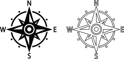 Set of compass navigation icons, collection of direction and orientation symbols, group of flat line vector illustrations, add compass rose, bearing, route, travel guide, black icon