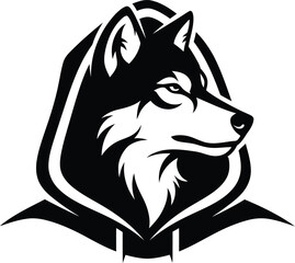 A black and white illustration of a husky dog wearing a hoodie, showcasing its profile and facial features.