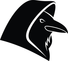 A minimalist illustration of a bird's head in profile, featuring bold black and white design
