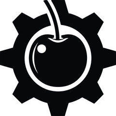 A black cherry with a stem surrounded by a gear silhouette on a white background.