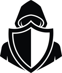 Person wearing a protective shield emblem on their chest, symbolizing defense and security in a monochrome illustration