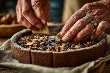 Hands sprinkling sugar onto bowl of panforte filled with nuts and dried fruits. Concept of cozy kitchen, warm atmosphere, chewy, fruit, nut, Italian, traditional.