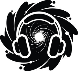 Headphones Surrounding a Spiral Galaxy in a Dynamic Illustration
