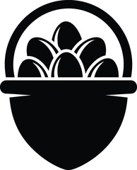 A bowl of fruit displayed in a simple black and white graphic