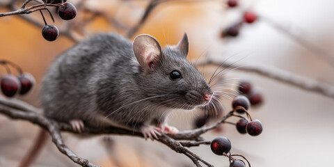 Wild mouse on a bare branch with dark red berries in natural habitat finding food, small rodent surviving