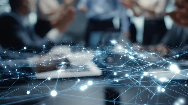 Medium shot capturing a business meeting where digital smart contract loan agreements are visibly secured and verified via blockchain technology.