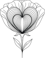 A detailed black and white illustration of a flower with heart-shaped center, stem, and leaves from a front viewpoint.