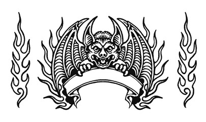 Fototapeta premium A detailed black and white illustration of a fierce winged gargoyle or demon creature with sharp teeth and claws, holding a blank banner, surrounded by stylized flames.