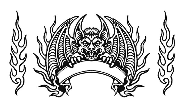 A detailed black and white illustration of a fierce winged gargoyle or demon creature with sharp teeth and claws, holding a blank banner, surrounded by stylized flames.