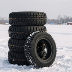 Obraz premium Snowy landscape with stacked winter tires symbolizing safety and seasonal transition