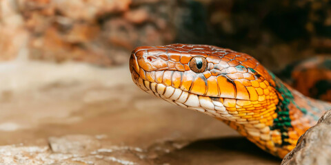 Obraz premium Snake head extreme close up with colorful scales, watchful eye, and detailed skin texture in its habitat