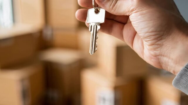 Hand holding shiny silver house key with keyring against blurred stack of cardboard moving boxes and potted plant, warm lighting evokes new home ownership, real estate purchase concept