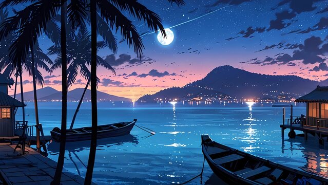 Peaceful tropical island at dusk with boats and palm trees