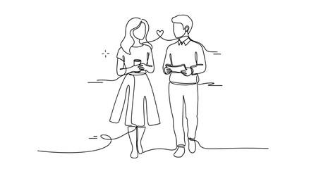 Obraz premium Continuous line art of young couple sharing music, no editable stroke