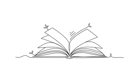 Minimalist line art of an open book with emerging leaves and pages, no editable stroke