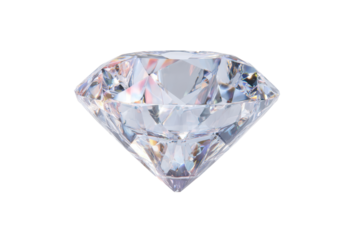 Large clear diamond displayed on a simple background with light reflecting off its surface
