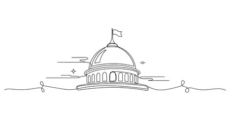 Minimalist line art of a capitol building dome with flag and cloud elements, no editable stroke