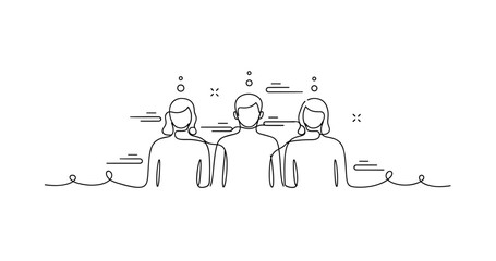 Minimalist line drawing of three talkative individuals with headsets, no editable stroke