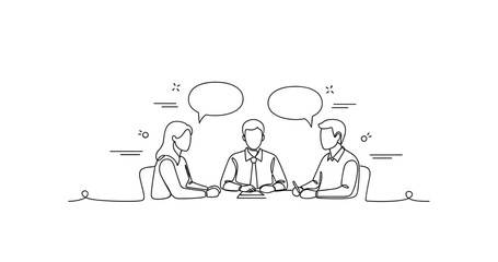 Line art illustration of three people in discussion with speech bubbles, no editable stroke