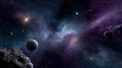 Exploring a space nebula background with friendly planets in starry gradient sky