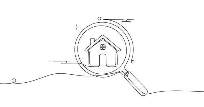 Minimalist line art of house with magnifying glass symbolizing real estate search, no editable stroke