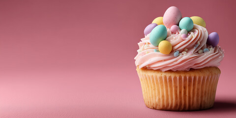 Easter vanilla cupcake with pastel frosting and candy eggs copy space banner