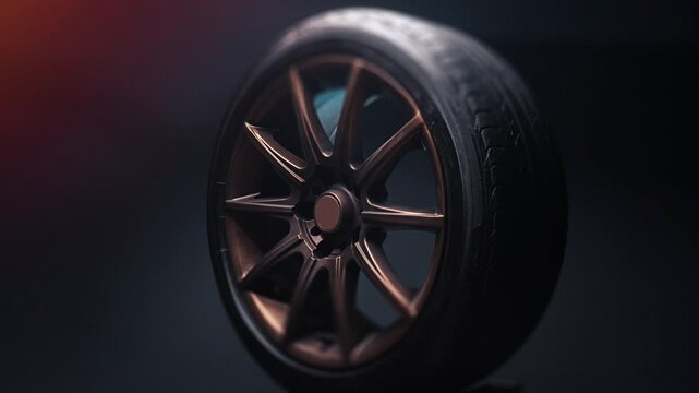 bronze disc wheel with low profile rubber for a sports or street car animated video from photos