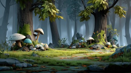 Enchanting 2d background of a storybook forest clearing with mushrooms