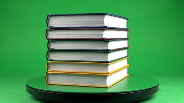 Stacked Books on Green Backdrop: A vibrant stack of hardcover books, each with colorful spines, rests against a lush green backdrop, showcasing a love for learning.