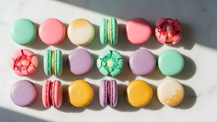 Obraz premium Colorful assorted French macarons arranged in neat rows on bright marble background