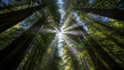 Sunlight filtering through tall trees in a forest