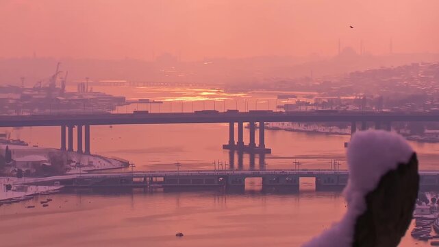 Orange Post Snow Atmosphere Over the Golden Horn With Traffic on Halic Bridge