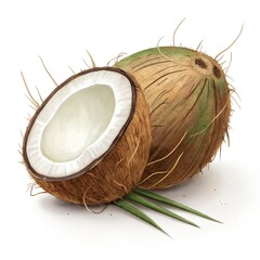 Fresh Whole and Half Coconut with Green Leaves Isolated on White Background.