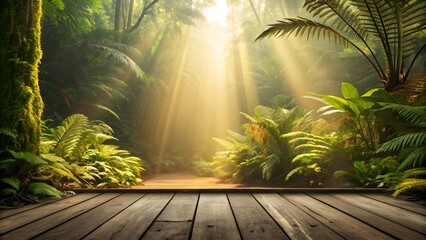 Serene jungle pathway with sunbeams filtering through lush greenery